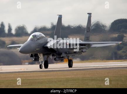 F-15E Strike Eagle Landing Runway 07 RAF Lakenheath, 30.. August 2022 Stockfoto