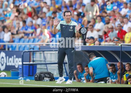 Getafe, Spanien. 28. August 2022. Unai Emery (Villarreal) Fußball/Fußball: Spanisches 'La Liga Santander'-Spiel zwischen Getafe CF 0-0 Villarreal CF im Coliseum Alfonso Perez in Getafe, Spanien. Quelle: Mutsu Kawamori/AFLO/Alamy Live News Stockfoto