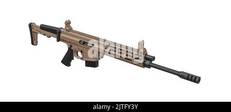 Moderne automatische Gewehr in Coyote-Farbe. Waffen für Polizei, Spezialeinheiten und Armee. Automatischer Karabiner mit mechanischer Visierung. Sturmgewehr auf wh Stockfoto