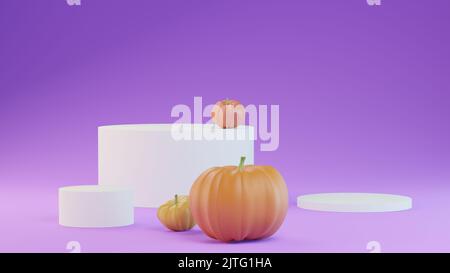 Halloween Minimal Scene 3D mit Kürbissen und Podestplattform. Halloween Hintergrund 3D Rendering. Stand, um Produkte zu zeigen. Bühnenvitrine auf Sockel Stockfoto
