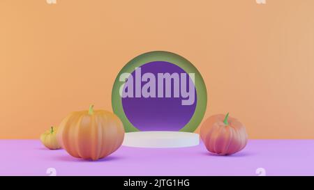 Halloween Minimal Scene 3D mit Kürbissen und Podestplattform. Halloween Hintergrund 3D Rendering. Stand, um Produkte zu zeigen. Bühnenvitrine auf Sockel Stockfoto