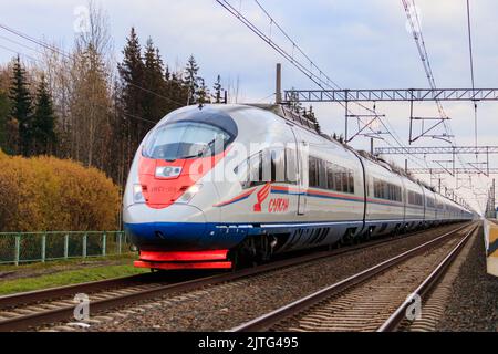 Hochgeschwindigkeitszug sapsan im Herbst . Ein Artikel über Hochgeschwindigkeitszüge. Zug Moskau - Sankt Petersburg. Ljuban, Russland, 11. Oktober 2021 Stockfoto