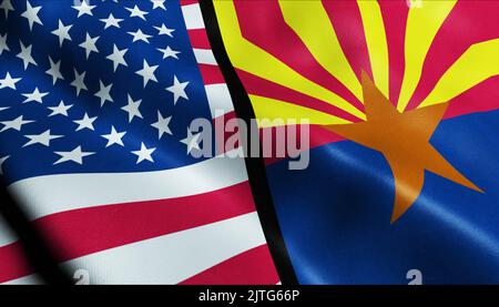 3D Winken Vereinigte Staaten von Amerika und Arizona verschmolzen Flagge Nahaufnahme Stockfoto