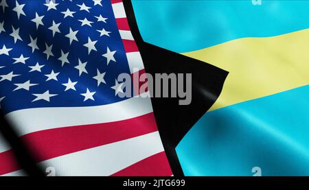 3D Winken Vereinigte Staaten von Amerika und Bahamas verschmolzen Flagge Nahaufnahme Stockfoto