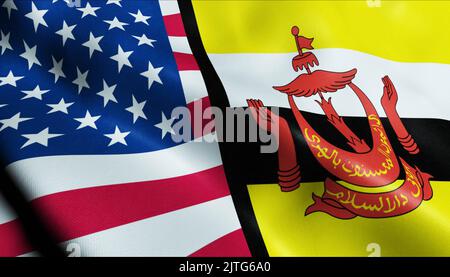 3D Winken Vereinigte Staaten von Amerika und Brunei verschmolzen Flagge Nahaufnahme Stockfoto