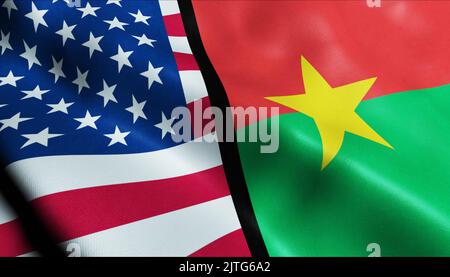 3D Winken Vereinigte Staaten von Amerika und Burkina Faso verschmolzen Flagge Nahaufnahme Stockfoto