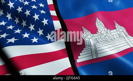 3D Winken Vereinigte Staaten von Amerika und Kambodscha verschmolzen Flagge Nahaufnahme Stockfoto