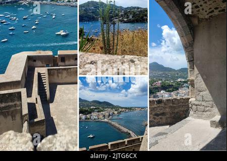Der herrliche Panoramablick auf die Stadt Ischia Ponte (Insel Ischia, Neapel, Italien) von der Spitze des berühmten aragonesischen Schlosses (18) Stockfoto