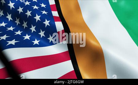 3D Winken Vereinigte Staaten von Amerika und Elfenbeinküste verschmolzen Flagge Nahaufnahme Stockfoto