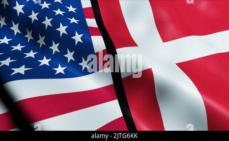 3D Winken Vereinigte Staaten von Amerika und Dänemark fusionieren Flagge Nahaufnahme Stockfoto