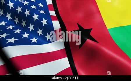 3D Winken Vereinigte Staaten von Amerika und Guinea Bissau fusionierte Flagge Nahaufnahme Stockfoto