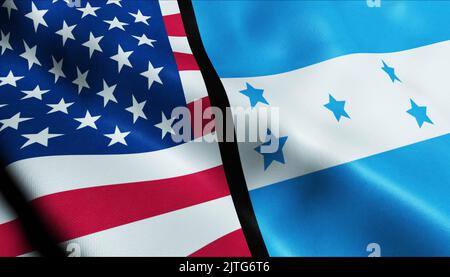 3D Winken Vereinigte Staaten von Amerika und Honduras verschmolzen Flagge Nahaufnahme Stockfoto