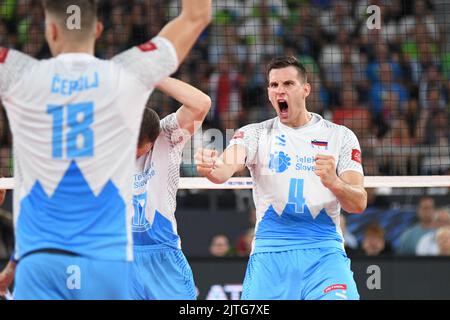 Jan Kozamernik (slowenische Volleyballnationalmannschaft) feiert in der Stozice Arena. Volleyball-Weltmeisterschaft 2022. Stockfoto