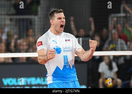 Jan Kozamernik (slowenische Volleyballnationalmannschaft) feiert in der Stozice Arena. Volleyball-Weltmeisterschaft 2022. Stockfoto