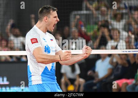 Jan Kozamernik (slowenische Volleyballnationalmannschaft) feiert in der Stozice Arena. Volleyball-Weltmeisterschaft 2022. Stockfoto