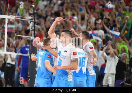 Klemen Cebulj (slowenische Volleyballnationalmannschaft) feiert in der Stozice Arena. Volleyball-Weltmeisterschaft 2022. Stockfoto