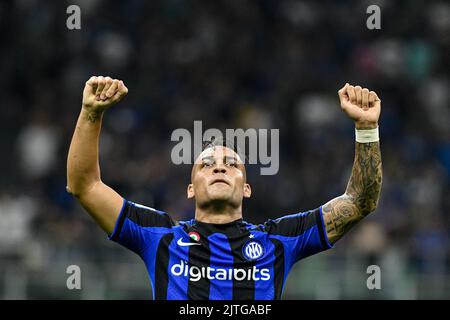 Lautaro Martinez vom FC Internazionale feiert am 30/08/22 im Stadion San Siro in Mailand, Italien, ein Tor beim italienischen Fußballspiel FC Internazionale gegen Cremonese Stockfoto