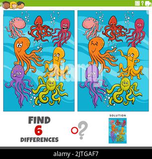 Cartoon Illustration der Suche nach den Unterschieden zwischen Bildern pädagogische Spiel mit Oktopus Meerestiere Charaktere Stock Vektor