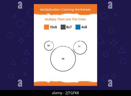 Arbeitsblatt „Multiplikation Coloring“ mit dem Bild. Farbe nach Zahlen Mathe Spiel Stock Vektor