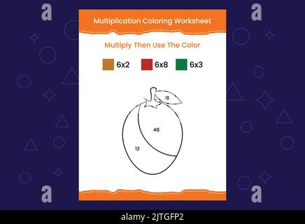 Arbeitsblatt „Multiplikation Coloring“ mit dem Bild. Farbe nach Zahlen Mathe Spiel Stock Vektor