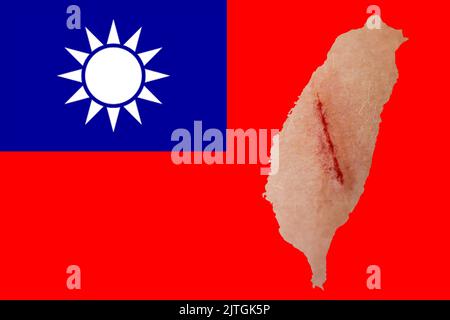 Defokussieren Sie die Flagge Taiwans, die offiziellen Farben und das richtige Verhältnis. Flagge Taiwans. Taiwan-Karte. Demokratie. Krieg und Blutwunde. Krieg zwischen China und Stockfoto