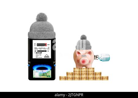 Stromzähler, Gasflamme und Sparschwein, Symbol für Energieeinsparung Stockfoto