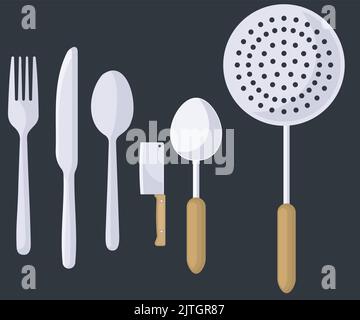 Eine Sammlung von Küchengeräten, Esslöffel und Messer auf schwarzem Hintergrund Stock Vektor