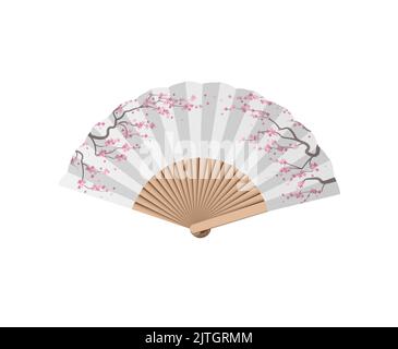 Handventilator, japanischer Geisha-Luftventilator aus weißem Papier mit Sakura-Blüten. Vektorgrafik. Traditionelles asiatisches Accessoire. Graphic Stock Bild. Bambus Holz Stock Vektor