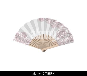 Handventilator, japanischer Geisha-Luftventilator aus weißem Papier mit Rosenblüten. Vektorgrafik. Traditionelles asiatisches Accessoire. Graphic Stock Bild. Bambus Holz Stock Vektor