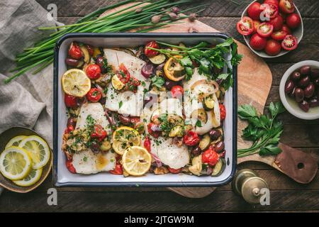 Geröstete Fischfilets in emaillierter Backform mit Tomaten, Zucchini, Oliven und Zitrone Stockfoto