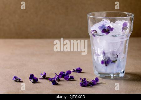 Transparentes Glas Veilchen Blume zerkleinert Eis für die Herstellung kalten Sommer Erfrischung Getränk Limonade Soda Cocktail. Auf braunem Tisch stehend. Speicherplatz kopieren Stockfoto