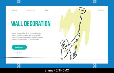 Hausreparaturkonzept. Zielseite Der Website. Arbeiter In Der Werkstatt Machen Arbeiten Aus House. Cartoon-Figuren Malen Sie Wände Und Setzen Fliesen. Vektorgrafik Für Lineare Umrisse. Stock Vektor