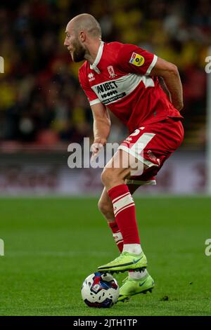 Watford, Großbritannien. 30. August 2022. Matthew Clarke #5 von Middlesbrough in Watford, Vereinigtes Königreich am 8/30/2022. (Foto von Richard Washbrooke/News Images/Sipa USA) Quelle: SIPA USA/Alamy Live News Stockfoto