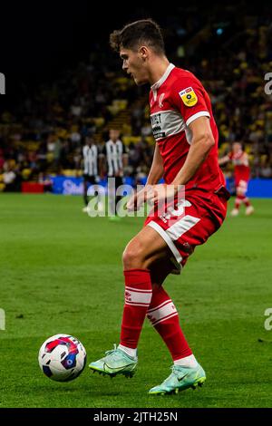 Watford, Großbritannien. 30. August 2022. Ryan Giles #3 von Middlesbrough in Watford, Vereinigtes Königreich am 8/30/2022. (Foto von Richard Washbrooke/News Images/Sipa USA) Quelle: SIPA USA/Alamy Live News Stockfoto