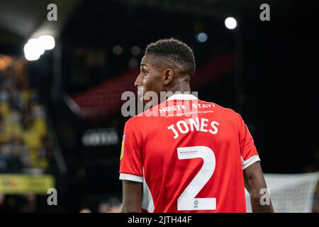 Watford, Großbritannien. 30. August 2022. Isaiah Jones #2 von Middlesbrough in Watford, Vereinigtes Königreich am 8/30/2022. (Foto von Richard Washbrooke/News Images/Sipa USA) Quelle: SIPA USA/Alamy Live News Stockfoto