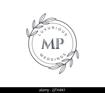 MP Initialen Brief Hochzeit Monogramm Logos Vorlage, handgezeichnete moderne minimalistische und florale Vorlagen für Einladungskarten, Save the Date, elegant Stock Vektor