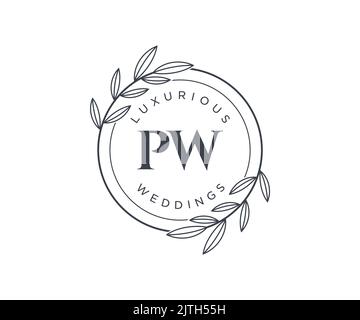 PW Initialen Brief Hochzeit Monogramm Logos Vorlage, handgezeichnete moderne minimalistische und florale Vorlagen für Einladungskarten, Save the Date, elegant Stock Vektor