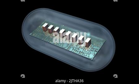 Bioelektronik . Microchip in Pillenkapsel. Elektronische Komponenten in winzigen Kapsel . 3D Rendering-Illustration Stockfoto