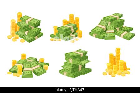 Cartoon-Geld, Geldscheine aus Papier und goldene Münzen, Vektor-Dollar-Stapel. Bankwährungsrechnungen, Geldmünzen in Gold, Hüften und Geldscheine in grünem Dollar für Finanzen, Gewinn und Investitionen Stock Vektor