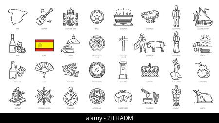 Symbole für Umrisse in Spanien. Symbole für europäische Kultur und Geschichte, spanisches Essen und Wahrzeichen. Bullfighter, Gitarre und Jamon, Stadion, Spanien Karte und Flagge, Wein, Columbus Schiff und Flamenco-Tänzer Stock Vektor