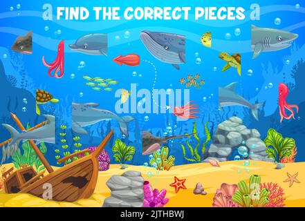 Unterwasserlandschaft. Finden Sie die richtigen Stücke von Meerestieren und Fisch auf Meeresboden Vektor Kinder Spiel. Puzzle Quiz Arbeitsblatt mit Cartoon-Wal, Hai und Delphin, Meeresschildkröte, Tintenfisch, Tintenfisch, Kugelfisch Stock Vektor