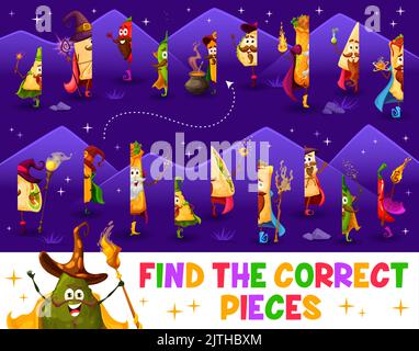 Finden Sie das richtige Stück Cartoon tex mex mexikanischen Food Wizard Zeichen. Vektor-Arbeitsblatt mit Hälften von Tacos, Enchiladas, Tamales und Burrito, Quesadilla, Churros, Jalapeno, Nachos und Avocado Stock Vektor