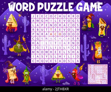 Wortsuche Puzzle-Spiel Cartoon tex mex mexikanische Lebensmittel-Assistenten Zeichen. Vektor Chili, Tacos und Enchiladas, Quesadilla und Chimichanga. Tamales, Burrito, Churros und Jalapeno, Nachos, Avocado Stock Vektor