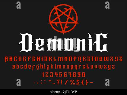 Teufel Schrift Alphabet, Horror Goth Typografie und Dämon böse Schrift, Vektor-Typ. Satans okkulte Schrift oder Teufel rituelle Gothic-Schrift und Pentagramm-Buchstaben, blutig rote dämonische Hölle-Schrift Stock Vektor