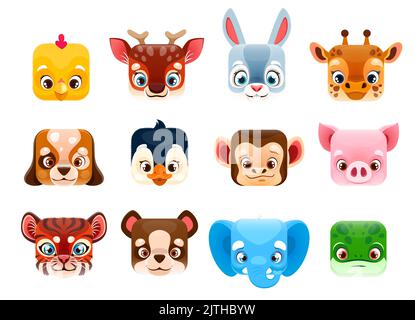 Cartoon kawaii quadratische Tiergesichter. Vektor Köpfe von niedlichen Hund, Bär, Schwein und Pinguin, Kaninchen, Affe, Giraffe und Tiger, Elefant, Frosch, Huhn und Hirsch. Baby Tier Zeichen für Avatare, Spiel ui Stock Vektor