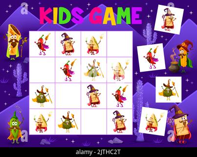 Sudoku Kinder Spiel Cartoon tex mex mexikanischen Food Wizard Charaktere. Vektor-Rätsel mit Tamales, Churros und Chili, Avocado, Quesadilla-Zauberern mit Stäben auf quadratischem Brett. Lernaufgabe Stock Vektor