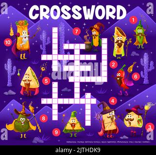Kreuzworträtsel Raster Cartoon tex mex mexikanische Lebensmittel Zauberer Charaktere, Quiz-Spiel. Vektor-Arbeitsblatt mit Tacos, Enchiladas, Tamales und Burrito, Churros, Quesadilla, Chimichanga, Jalapeno, Nachos und Avocado Stock Vektor