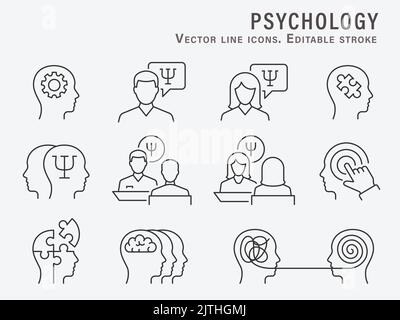 Symbole der Psychologie, wie Gehirn, Therapie, Psychologe, Depression und mehr. Bearbeitbare Konture. Vektorgrafik. Stock Vektor