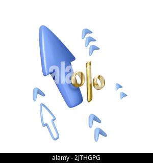 Gold-Prozent-Symbol und blauer Pfeil steigen auf. 3D Darstellung von Pfeilen und Interessen-Symbol. Steigende Zinssätze für Investitionen oder Bankeinlagen. Vektorgrafik Stock Vektor
