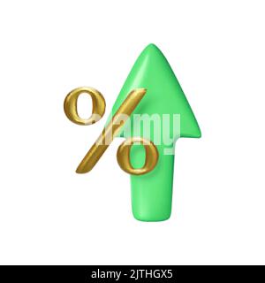Gold Prozent Zeichen und grünen Pfeil steigen isoliert auf weißem Hintergrund. Business-Symbol. Vektorgrafik Stock Vektor